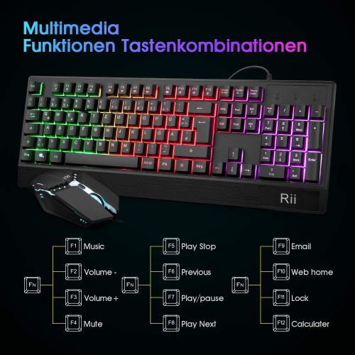  [아마존베스트]Rii Gaming keyboard and mouse set, mouse and keyboard, RGB backlight QWERTZ (DE layout), rainbow colours, illuminated USB waterproof keyboard and mouse with 3200 DPI for pro PC gam