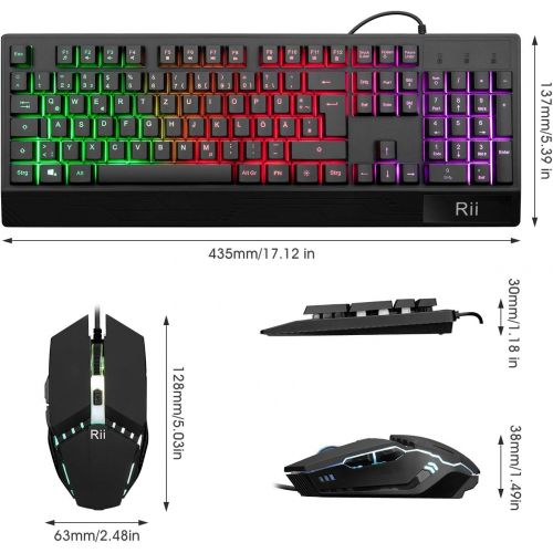  [아마존베스트]Rii Gaming keyboard and mouse set, mouse and keyboard, RGB backlight QWERTZ (DE layout), rainbow colours, illuminated USB waterproof keyboard and mouse with 3200 DPI for pro PC gam