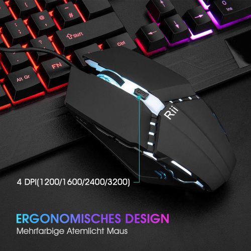  [아마존베스트]Rii Gaming keyboard and mouse set, mouse and keyboard, RGB backlight QWERTZ (DE layout), rainbow colours, illuminated USB waterproof keyboard and mouse with 3200 DPI for pro PC gam
