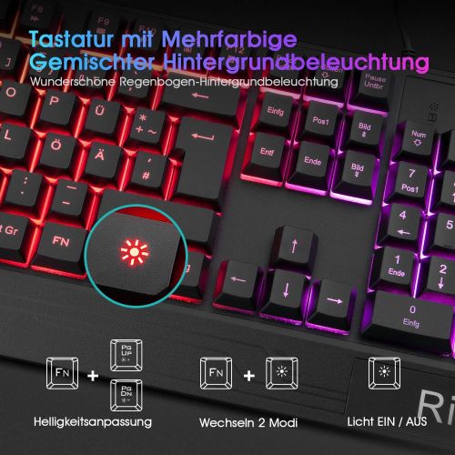  [아마존베스트]Rii Gaming keyboard and mouse set, mouse and keyboard, RGB backlight QWERTZ (DE layout), rainbow colours, illuminated USB waterproof keyboard and mouse with 3200 DPI for pro PC gam