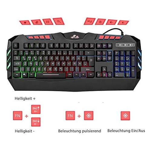  [아마존베스트]Rii RK900+ gaming keyboard and mouse set, RGB LED backlight in German QWERTZ layout, quiet keystroke.