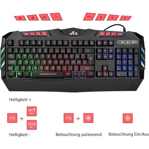  [아마존베스트]Rii RK900+ gaming keyboard and mouse set, RGB LED backlight in German QWERTZ layout, quiet keystroke.