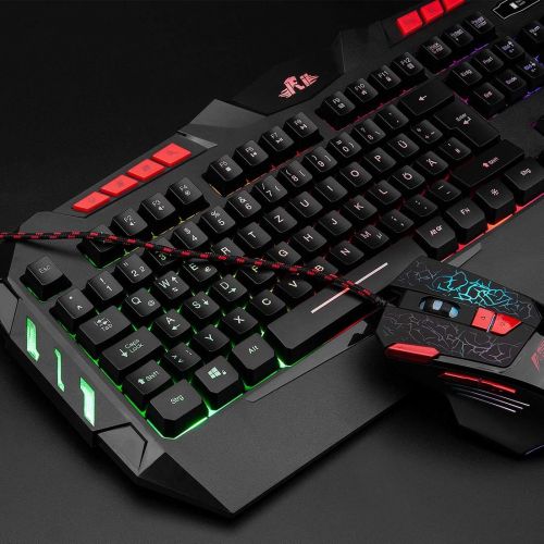  [아마존베스트]Rii RK900+ gaming keyboard and mouse set, RGB LED backlight in German QWERTZ layout, quiet keystroke.