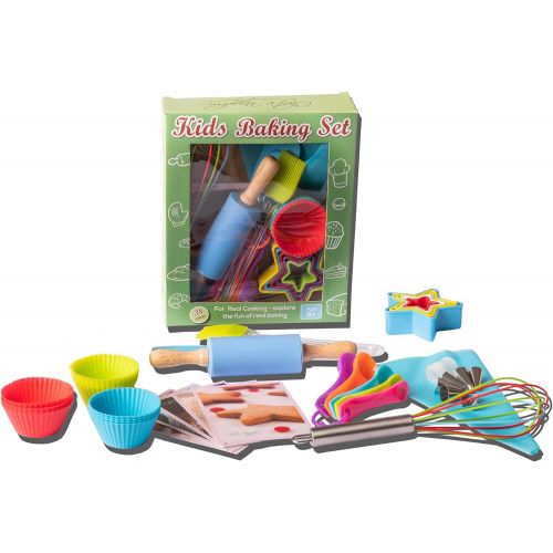  [아마존베스트]Rikis kingdom Kids real baking set with recipes,Cupcake cups/decorating kit,Cookie Cutters,Measuring Spoons,whisk,Rolling Pin,Spatula,Gift Box,Dishwasher safe(38-Piece)