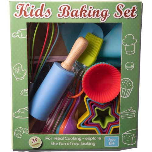  [아마존베스트]Rikis kingdom Kids real baking set with recipes,Cupcake cups/decorating kit,Cookie Cutters,Measuring Spoons,whisk,Rolling Pin,Spatula,Gift Box,Dishwasher safe(38-Piece)