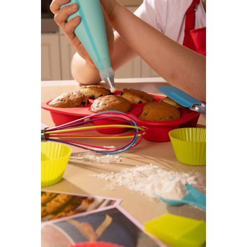  [아마존베스트]Rikis Kingdom Kids real baking cupcake set with recipes/Child Apron/Muffin Pans/decorating kit, Measuring Spoons,whisk,Spatula,Pastry Brush/Gift Giving Box (Baking cupcake set)