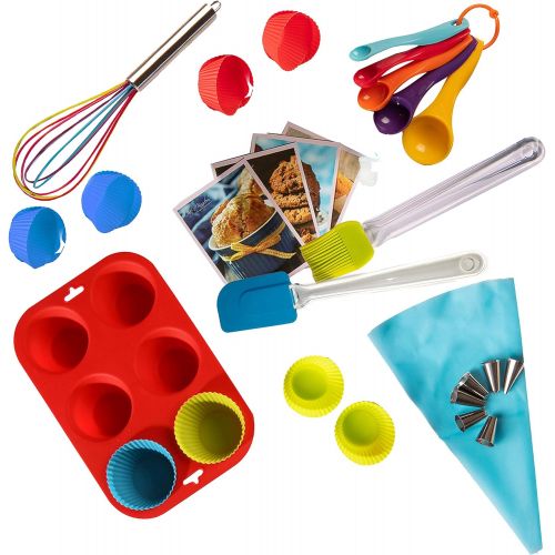  [아마존베스트]Rikis Kingdom Kids real baking cupcake set with recipes/Child Apron/Muffin Pans/decorating kit, Measuring Spoons,whisk,Spatula,Pastry Brush/Gift Giving Box (Baking cupcake set)