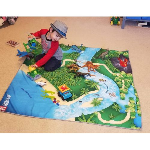  River Monster Collection Toy Dinosaur Play Mat |Jurassic Play Mat | Create a Dino World | Foldable Portable Solution |Large Size 57” x 57” | Multiple Habitats for All Toy Creatures | Child Activity Mat | b