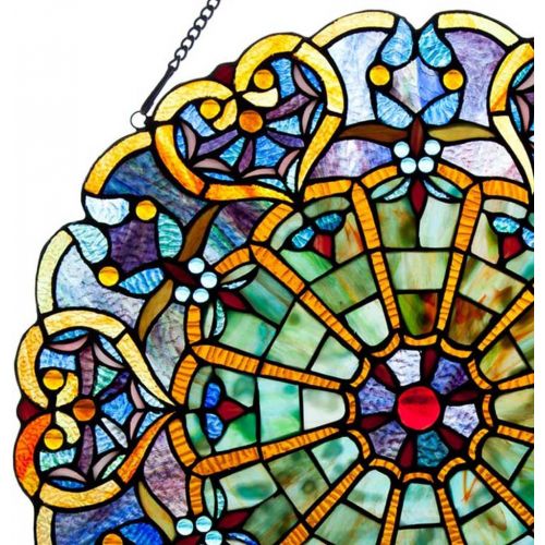  [아마존 핫딜]  [아마존핫딜]River of Goods Victorian Style Stained Glass Panel: 23 Inch High Webbed Heart Decorative Window Hanging - Large Round Tiffany Style Blue, Green, Yellow & Red Framed Hangings - Ornament for the Wa