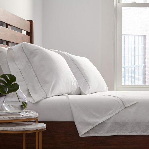  Rivet Contrast Hem Breathable Cotton Linen Bed Sheet Set, King, White / Vapor