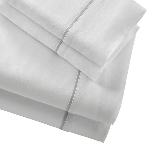  Rivet Contrast Hem Breathable Cotton Linen Bed Sheet Set, King, White / Vapor