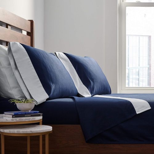  Rivet Color Block 100% Supima Cotton Bed Sheet Set, Full, Navy / Cloud Blue
