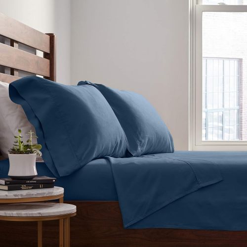  Rivet Cotton Tencel Bed Sheet Set, Soft and Breathable, Queen, Deep Sea Blue