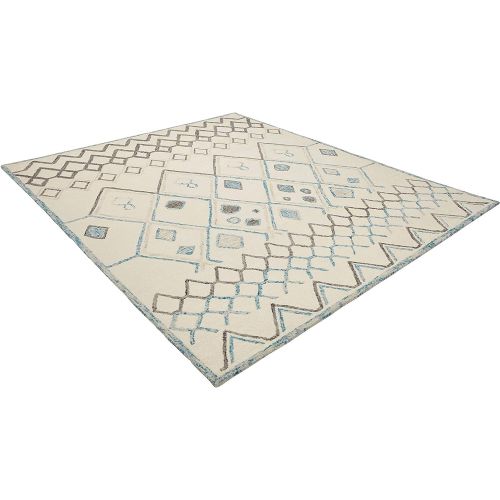  Rivet Geometric Boho Wool Rug, 8 x 10, Cream with Blue