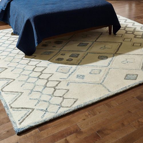  Rivet Geometric Boho Wool Rug, 8 x 10, Cream with Blue