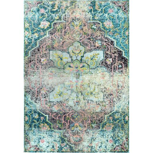  Rivet Distressed Floral Medallion Rug, 4 x 6, Aqua