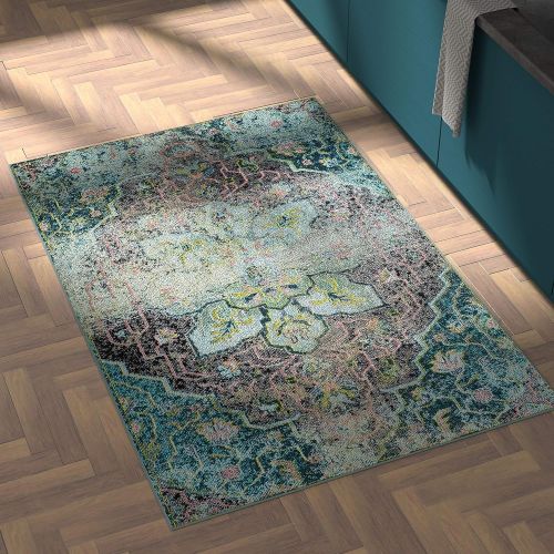  Rivet Distressed Floral Medallion Rug, 4 x 6, Aqua