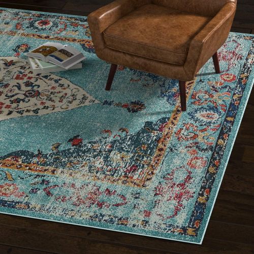  Rivet Distressed Color Medallion Rug, 53 x 77, Aqua