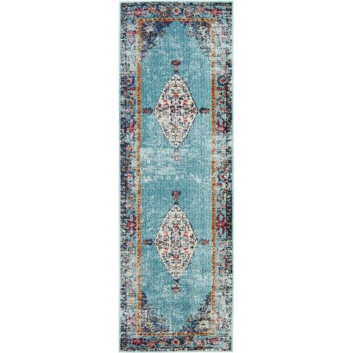  Rivet Distressed Color Medallion Rug, 53 x 77, Aqua