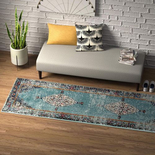  Rivet Distressed Color Medallion Rug, 53 x 77, Aqua