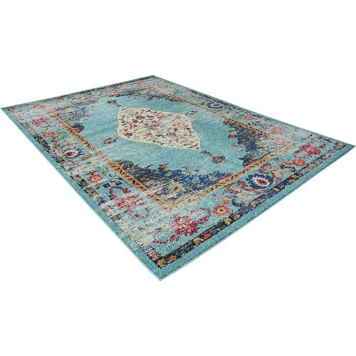  Rivet Distressed Color Medallion Rug, 53 x 77, Aqua