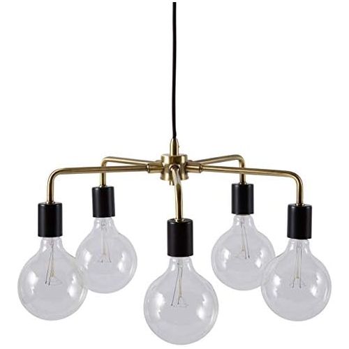  Rivet 5-Arm Industrial Pendant Chandelier, 36H, with Bulbs, Black and Brass Finish