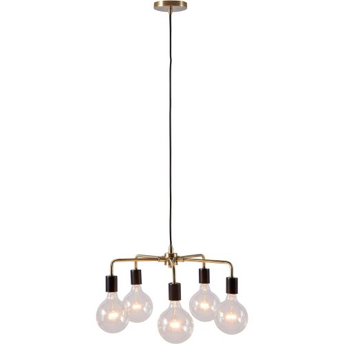  Rivet 5-Arm Industrial Pendant Chandelier, 36H, with Bulbs, Black and Brass Finish