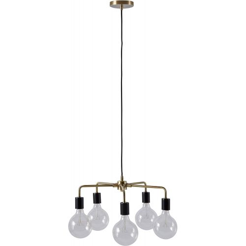  Rivet 5-Arm Industrial Pendant Chandelier, 36H, with Bulbs, Black and Brass Finish