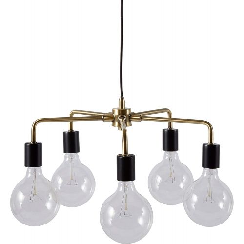  Rivet 5-Arm Industrial Pendant Chandelier, 36H, with Bulbs, Black and Brass Finish