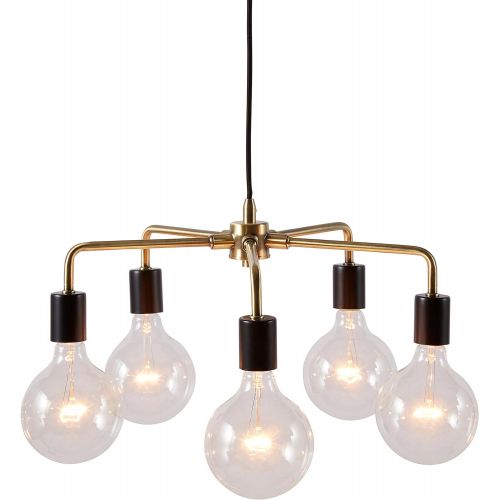  Rivet 5-Arm Industrial Pendant Chandelier, 36H, with Bulbs, Black and Brass Finish