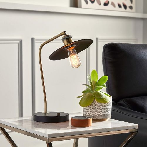  Rivet Mid-Century Exposed Bulb Task Table Lamp, 16.5H, With Bulb, Matte Black & Antique Brass