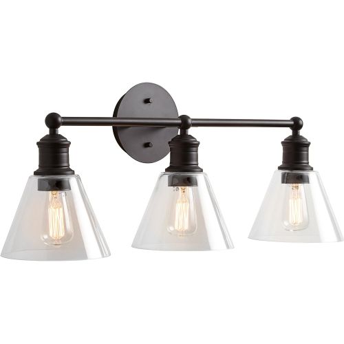  Rivet Industrial 3-Light Vanity Fixture, 10.3H, With Bulb, Matte Black with Glass Shade