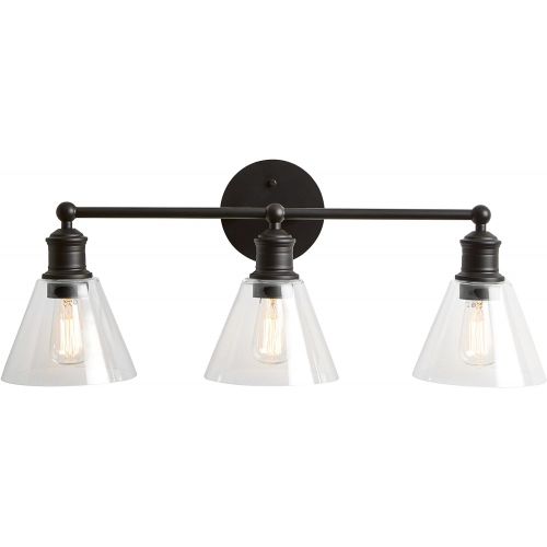  Rivet Industrial 3-Light Vanity Fixture, 10.3H, With Bulb, Matte Black with Glass Shade