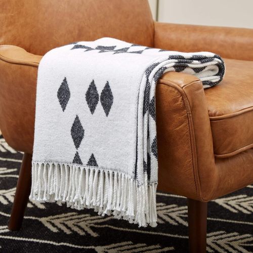  Rivet Colorful Geometric Diamond Jacquard Reversible Throw Blanket, 50x60, BlackWhite