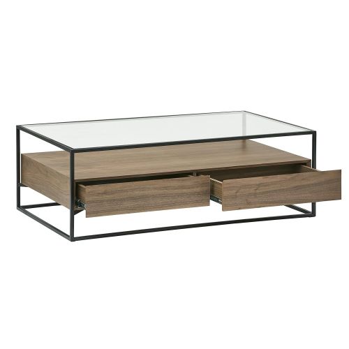  Rivet King Street Industrial Floating Storage Coffee Table, Walnut, Black Metal, Glass