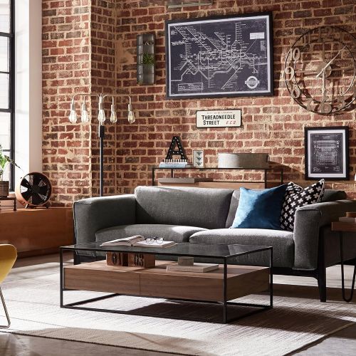  Rivet King Street Industrial Floating Storage Coffee Table, Walnut, Black Metal, Glass