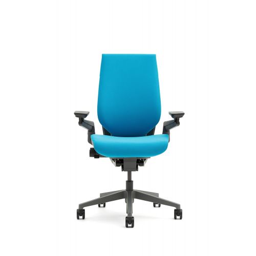  Rivet Steelcase Gesture Office Chair - White Elmosoft Leather, High Seat Height, Wrapped Back, Dark on Dark Frame, Polished Aluminum Base