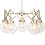 Rivet Mid-Century 5-Light Brass and Glass Sphere Chandelier with Bulbs, 9.5H, Soft Brass