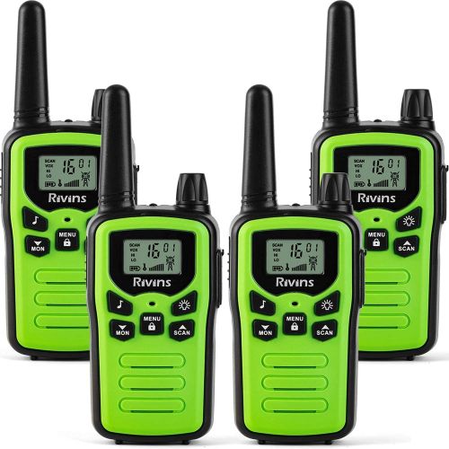  Rivins Walkie Talkies for Adults 4 Pack Long Range in Open Fields 22 Channel FRS Radio VOX Scan LCD Display with LED Flashlight Ideal for Biking Hiking Camping (Green)