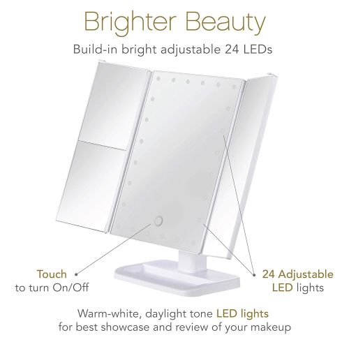  RoLeDo Makeup Vanity Mirror with Lights, 1X/2X/3X Magnification, 24 Led Lighted Mirror with Touch Screen,180° Adjustable Rotation, Two Power Supply, Portable Trifold Mirror, Touch Screen