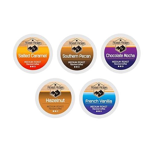  Roast Ridge Single Serve Coffee Pods for Keurig K-Cup Brewers, Variety Pack, 100 Count (20 each: Salted Caramel, Southern Pecan, Chocolate Mocha, Hazelnut, French Vanilla)