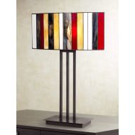 Modern Table Lamp Bronze Iron Striped Stained Glass Shade for Living Family Room Bedroom Bedside Nightstand - Robert Louis Tiffany