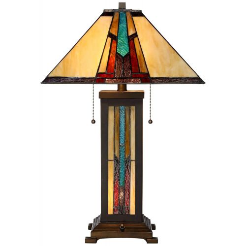  Ranier Mission Table Lamp with Nightlight Bronze Stained Glass for Living Room Family Bedroom Bedside Nightstand - Robert Louis Tiffany