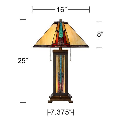  Ranier Mission Table Lamp with Nightlight Bronze Stained Glass for Living Room Family Bedroom Bedside Nightstand - Robert Louis Tiffany