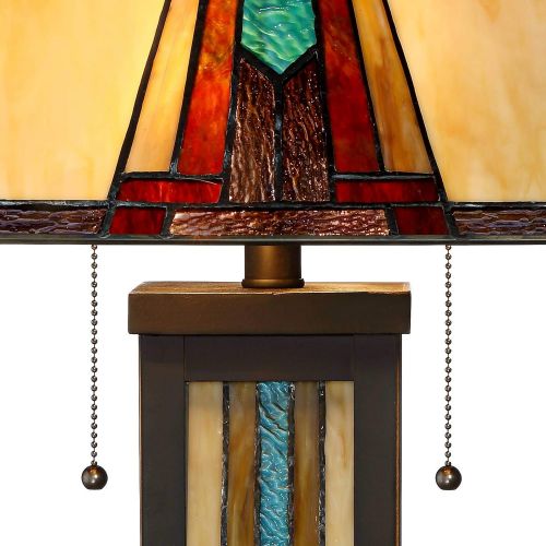  Ranier Mission Table Lamp with Nightlight Bronze Stained Glass for Living Room Family Bedroom Bedside Nightstand - Robert Louis Tiffany