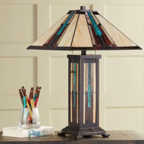  Ranier Mission Table Lamp with Nightlight Bronze Stained Glass for Living Room Family Bedroom Bedside Nightstand - Robert Louis Tiffany