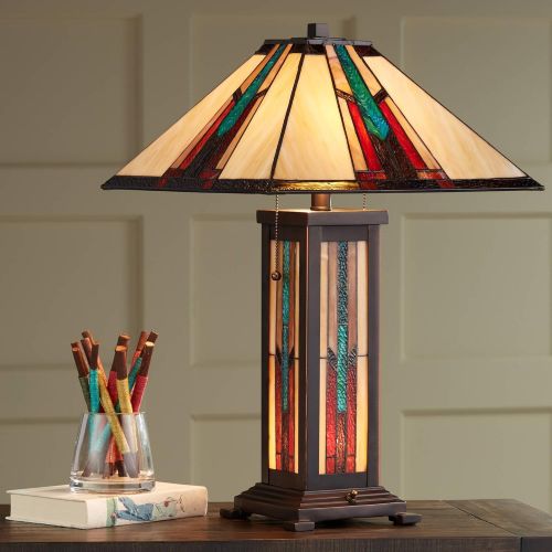  Ranier Mission Table Lamp with Nightlight Bronze Stained Glass for Living Room Family Bedroom Bedside Nightstand - Robert Louis Tiffany