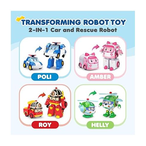  Robocar Poli 4 Pack Poli + Amber + Roy + Helly Transforming Robot Toys, 4