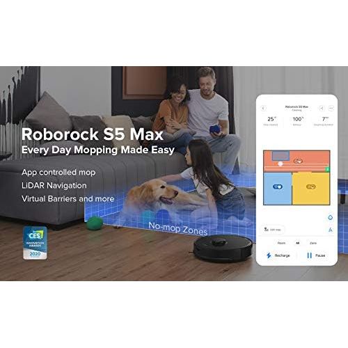  roborock S5MAX Saugroboter mit Wischfunktion, staubsauger Roboter mit Elektrischer Wassertank, Wisch-Sperrzonen, Laser-Navigation und selektive Zimmerreinigung, fuer Tierhaare und d