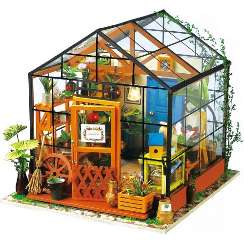 [아마존 핫딜]  [아마존핫딜]ROBOTIME DIY Dollhouse Wooden Miniature Furniture Kit Mini Green House with LED Best Birthday Gifts for Women and Girls